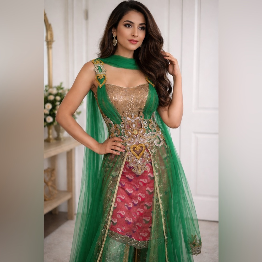 Embellished Green & Gold Indian Anarkali / Formal Dress Set
